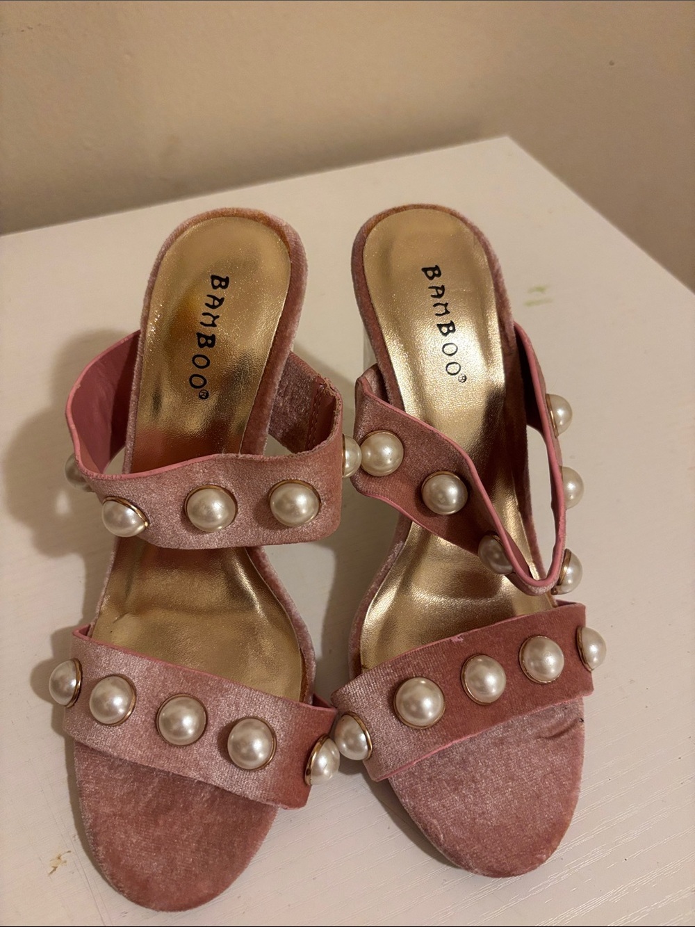 BAMBOO Pink Velvet Slide Heels with Pearl Accents